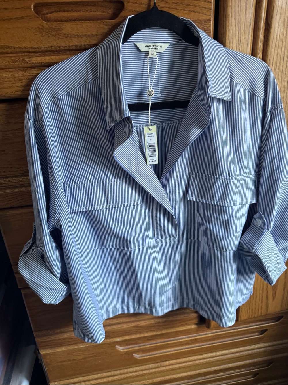 Max Studio Navy and White Pinstripe Button-Front Shirt size Medium